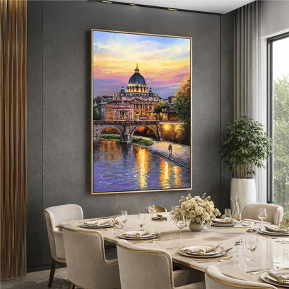 Rome Italy Oil Painting Original Evening in Vatican City Wall Art, Famous St Peter's Basilica Church Artwork