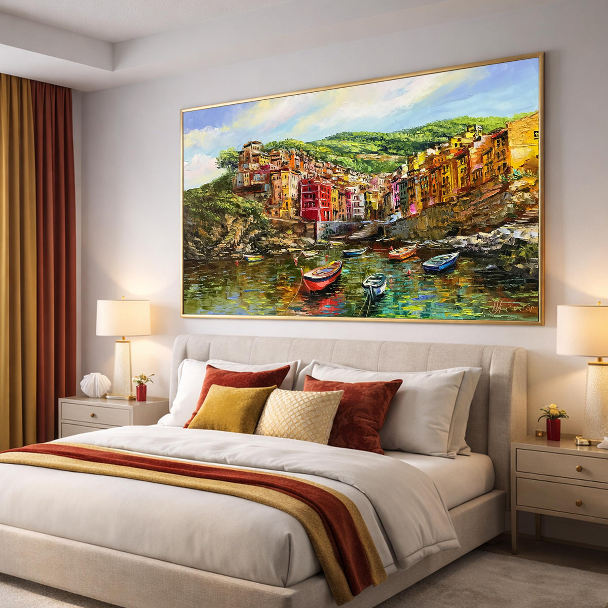 Riomaggiore Cinque Terre Oil Painting Original, Large Colorful Italian Coastal Village Wall Art, Hand Painted Italy Coast Artwork
