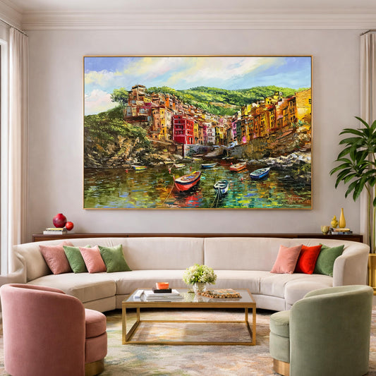 Riomaggiore Cinque Terre Oil Painting Original, Large Colorful Italian Coastal Village Wall Art, Hand Painted Italy Coast Artwork