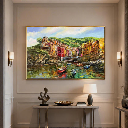 Riomaggiore Cinque Terre Oil Painting Original, Large Colorful Italian Coastal Village Wall Art, Hand Painted Italy Coast Artwork