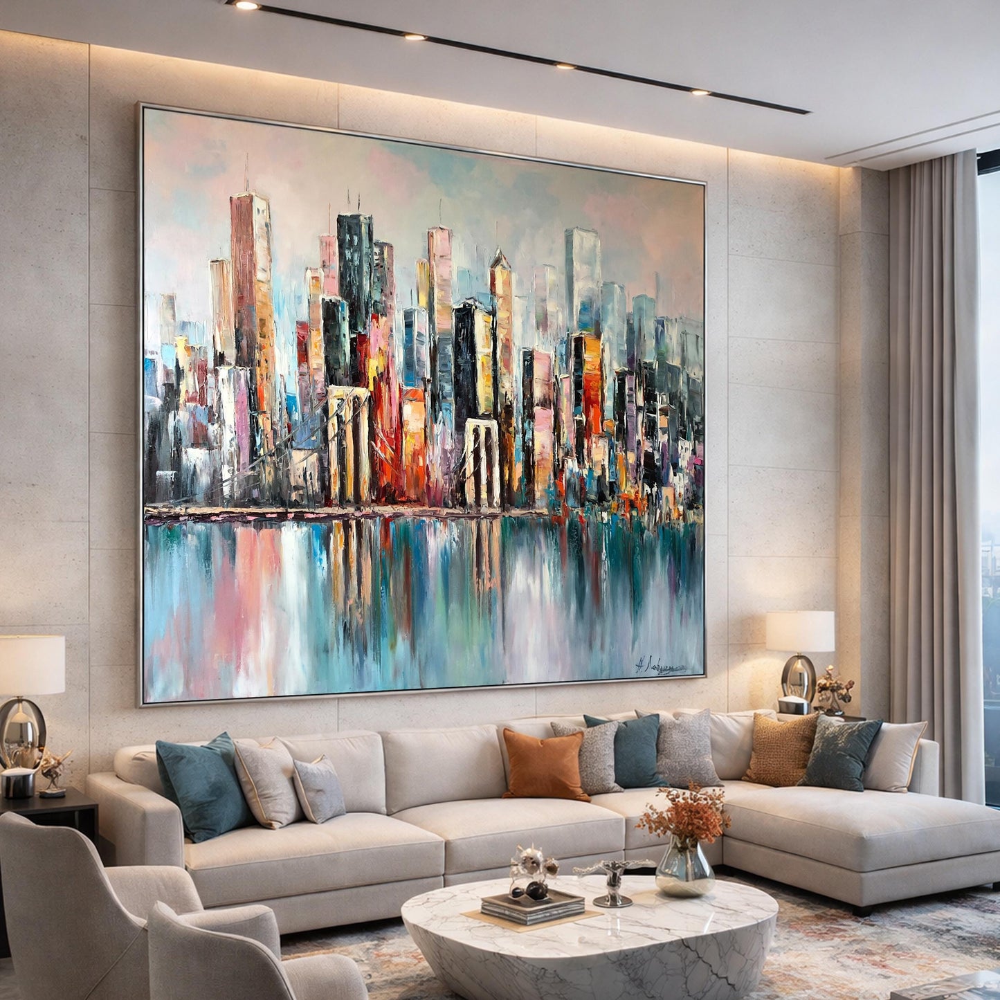 New York City Skyline Abstract Painting Large NYC Framed Wall Art | Manhattan Bridge Urban Landscapes Artwork | City Scapes Art
