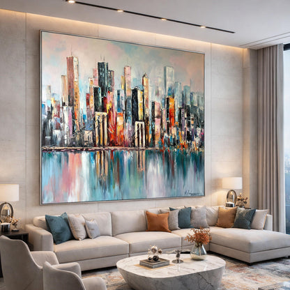 New York City Skyline Abstract Painting Large NYC Framed Wall Art | Manhattan Bridge Urban Landscapes Artwork | City Scapes Art