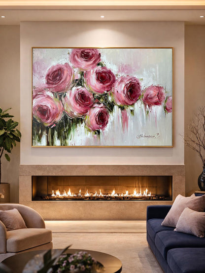 Large Pink Roses Oil Painting Original Hand Painted Rose Flower Canvas Wall Art | Oversized Abstract Romantic Rose Painting 64x48
