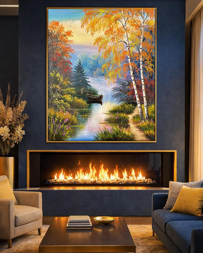 Fall Countryside Oil Painting, Beautiful Scenery Forest Lake Art, Bob Ross Painting Trees on Canvas, Large Autumn Framed Wall Art