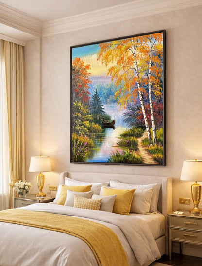Fall Countryside Oil Painting, Beautiful Scenery Forest Lake Art, Bob Ross Painting Trees on Canvas, Large Autumn Framed Wall Art