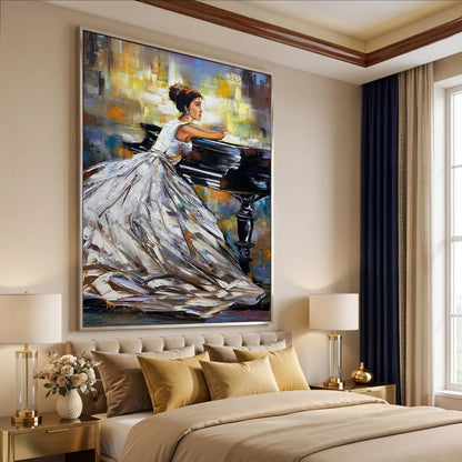 Woman Sitting at Piano Painting | Elegant Pianist Canvas Art Handmade Artwork | Abstract Music Painting Piano Elegant Art