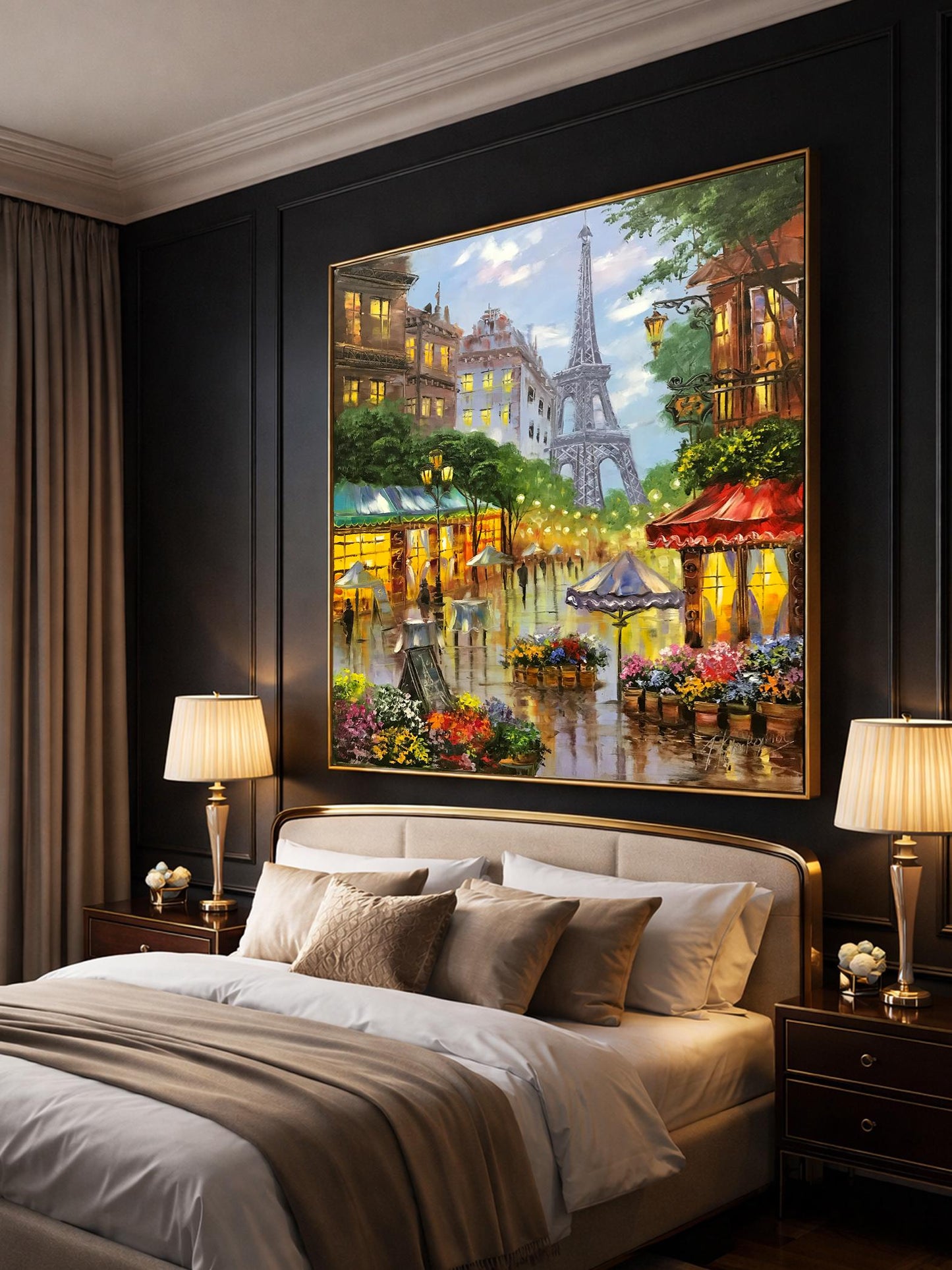 Romantic Paris Street Scene Oil Painting | Large Eiffel Tower Artwork, French Flower Market Painting on Canvas