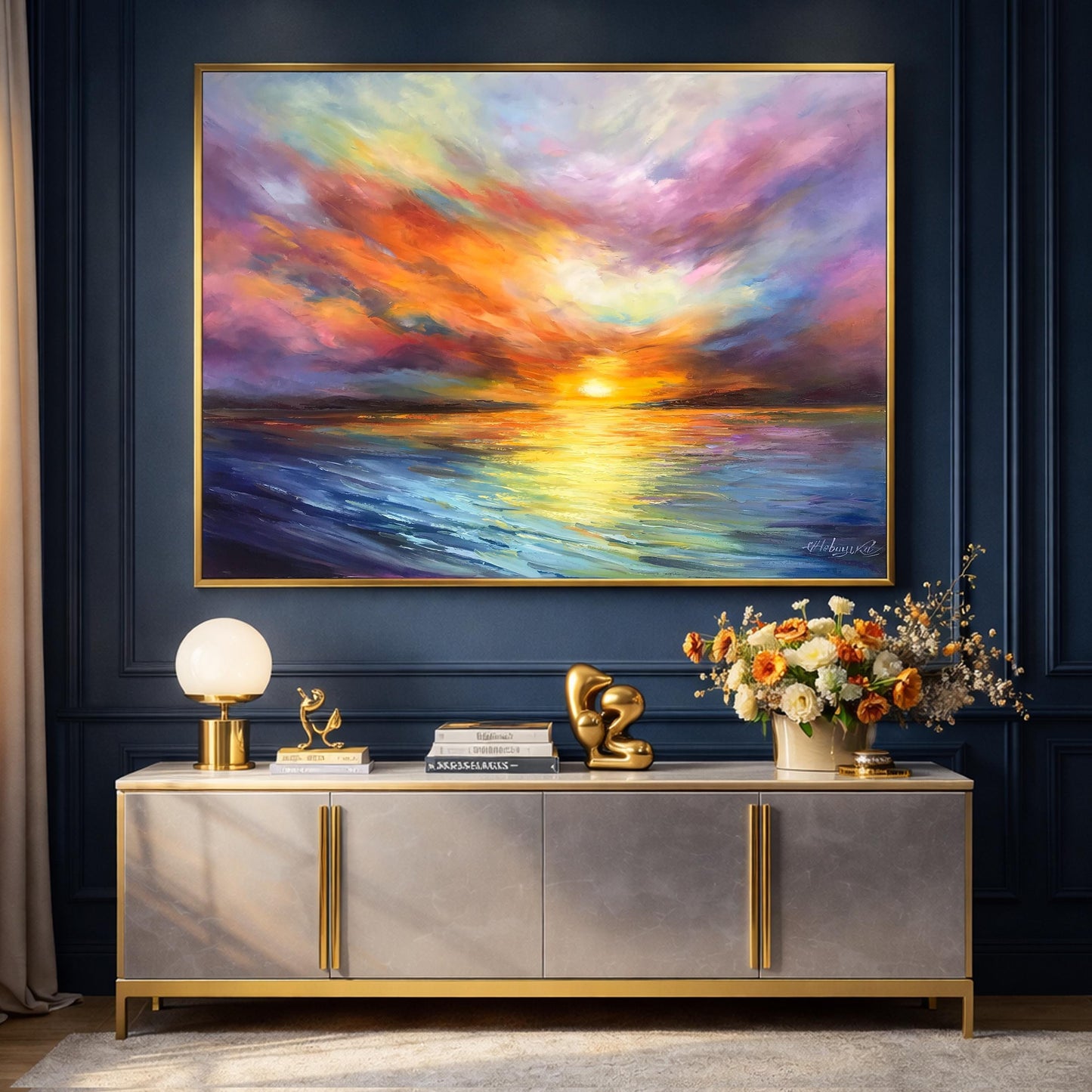 Colorful Seascape Oil Paintings on Canvas Extra Large California Orange Abstract Sunset Canvas Wall Art for Sale
