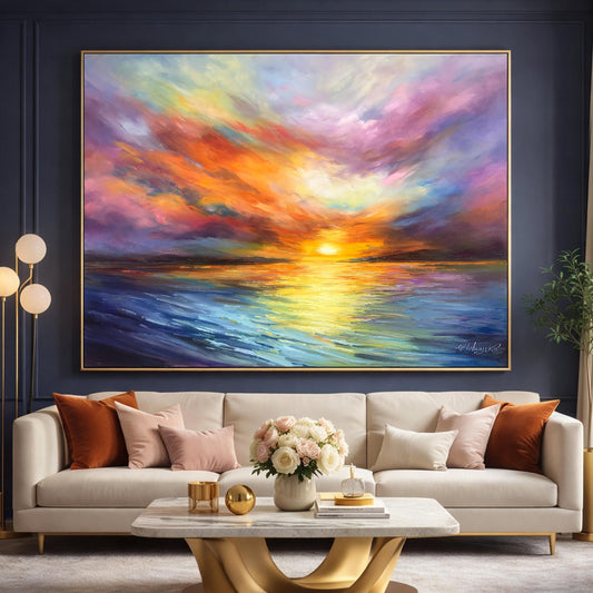 Colorful Seascape Oil Paintings on Canvas Extra Large California Orange Abstract Sunset Canvas Wall Art for Sale