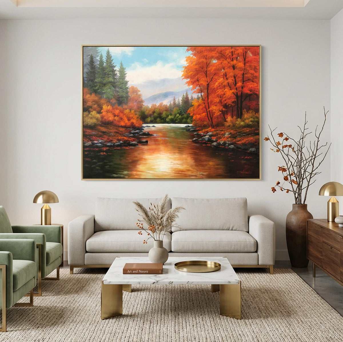 Autumnal Landscape Oil Painting, Original Fall River Scenery Wall Art, Hand Painted on Canvas