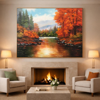 Autumnal Landscape Oil Painting, Original Fall River Scenery Wall Art, Hand Painted on Canvas