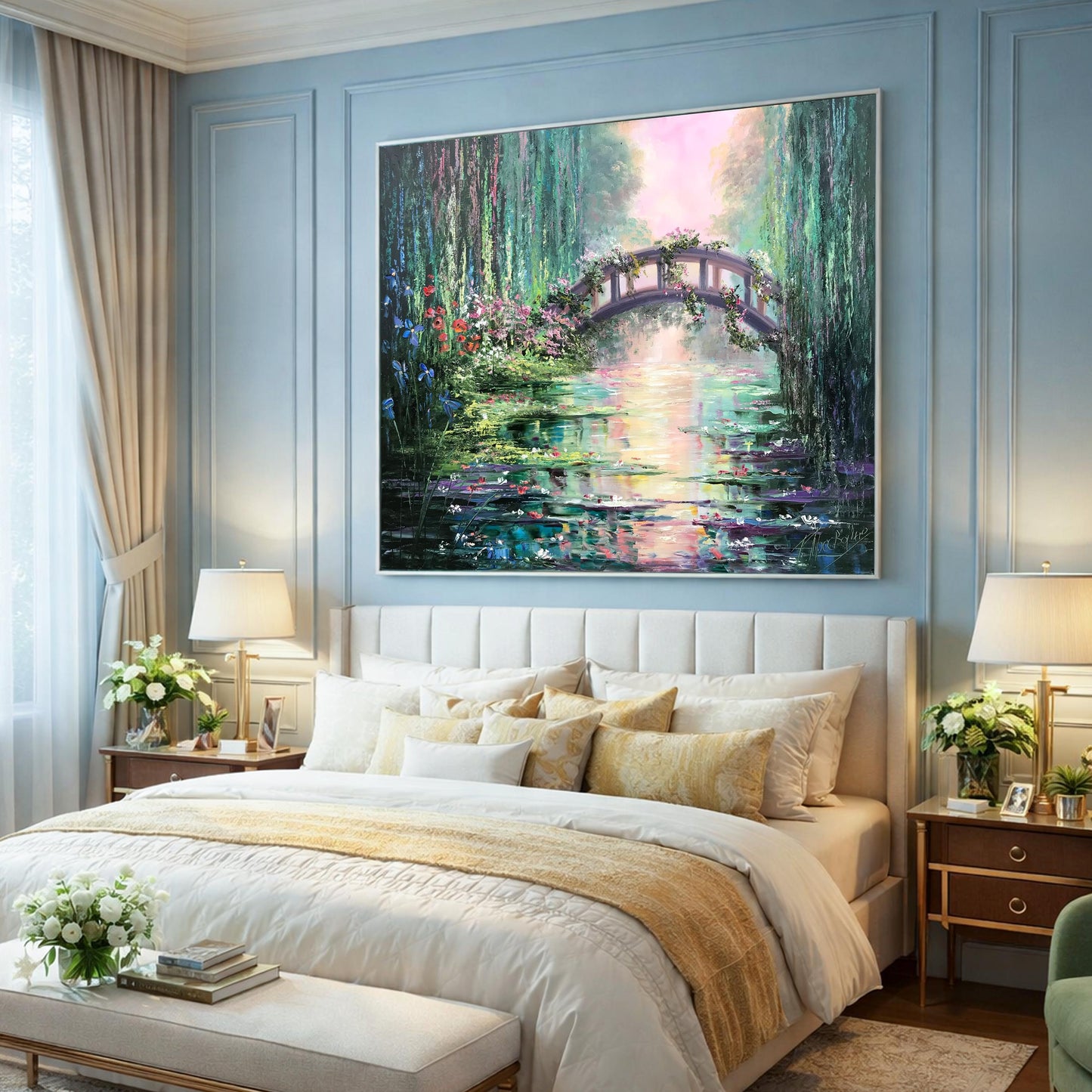 Claude Monet Painting Bridge Over a Pond of Water Lilies Artist Impressionism Art Green Water Lily Pond Oil Painting on Canvas