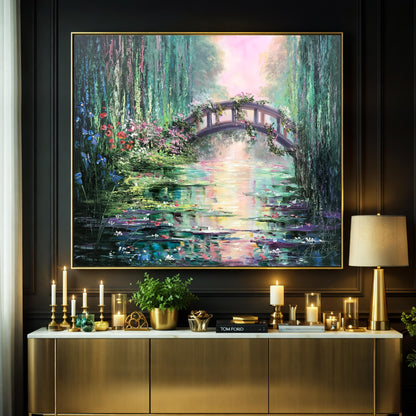 Claude Monet Painting Bridge Over a Pond of Water Lilies Artist Impressionism Art Green Water Lily Pond Oil Painting on Canvas