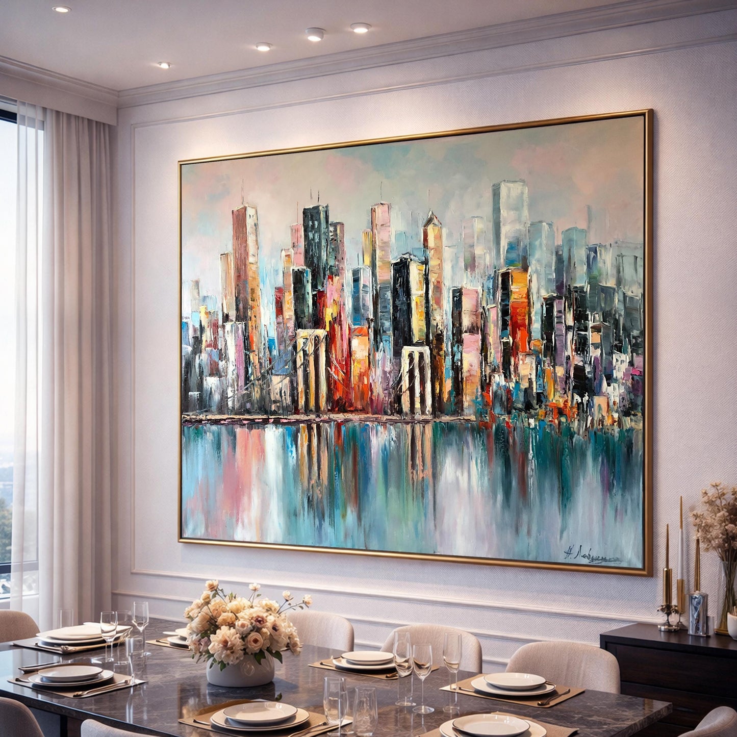 New York City Skyline Abstract Painting Large NYC Framed Wall Art | Manhattan Bridge Urban Landscapes Artwork | City Scapes Art