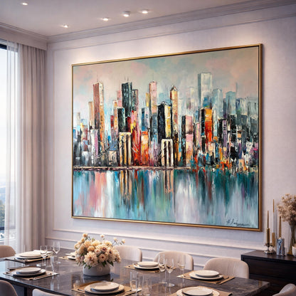 New York City Skyline Abstract Painting Large NYC Framed Wall Art | Manhattan Bridge Urban Landscapes Artwork | City Scapes Art