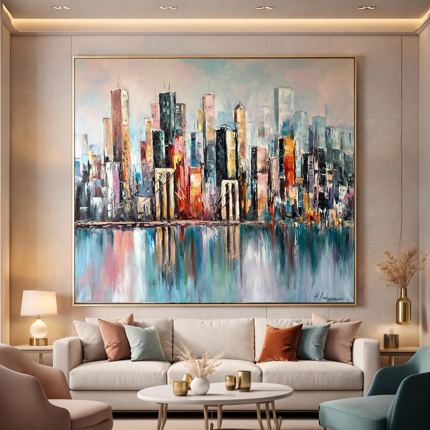 New York City Skyline Abstract Painting Large NYC Framed Wall Art | Manhattan Bridge Urban Landscapes Artwork | City Scapes Art