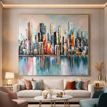 New York City Skyline Abstract Painting Large NYC Framed Wall Art | Manhattan Bridge Urban Landscapes Artwork | City Scapes Art