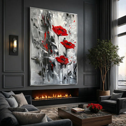 Large Red Poppy Flower Wall Painting, Abstract Red Flowers Canvas Art, Oversize Textured Floral Wall Art, Gustav Klimt Poppies Artwork