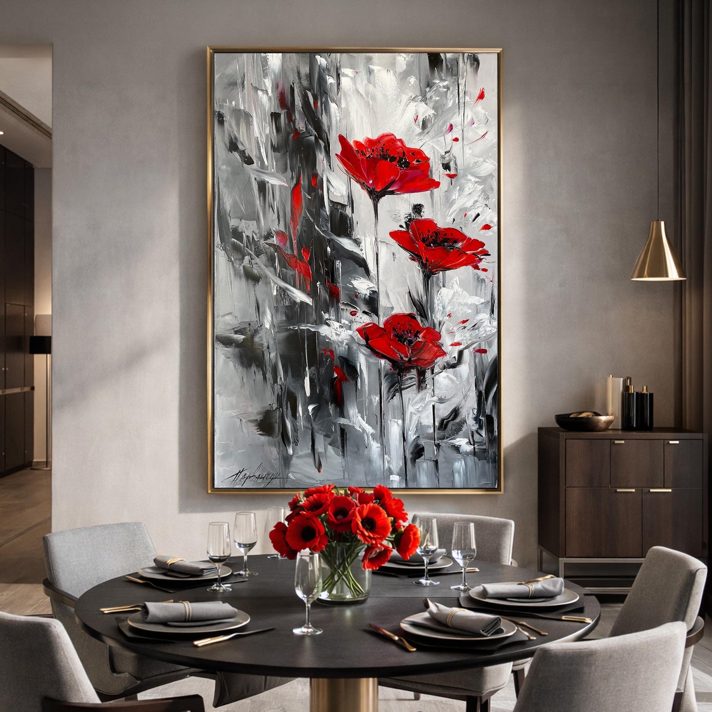 Large Red Poppy Flower Wall Painting, Abstract Red Flowers Canvas Art, Oversize Textured Floral Wall Art, Gustav Klimt Poppies Artwork