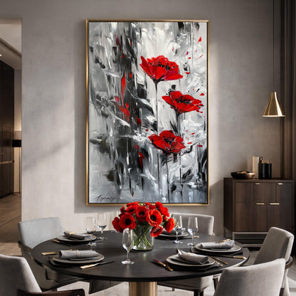 Large Red Poppy Flower Wall Painting, Abstract Red Flowers Canvas Art, Oversize Textured Floral Wall Art, Gustav Klimt Poppies Artwork