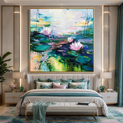 Water Lily Pond Oil Painting, Monet-Inspired Water Lilies Art, Original Hand Painted Pink Lotus Flower Impressionist Canvas Artwork