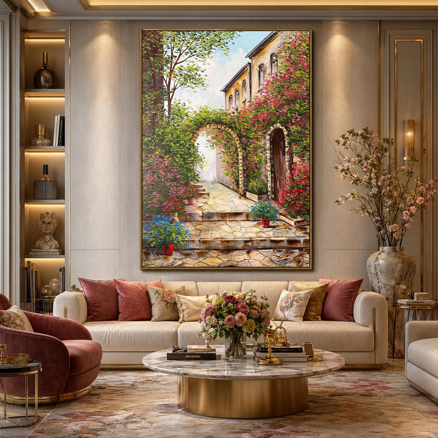 Italian Street Oil Painting | Original Mediterranean Villa Wall Art | Tuscany Italy Painting on Canvas | Large Italian Garden Artwork
