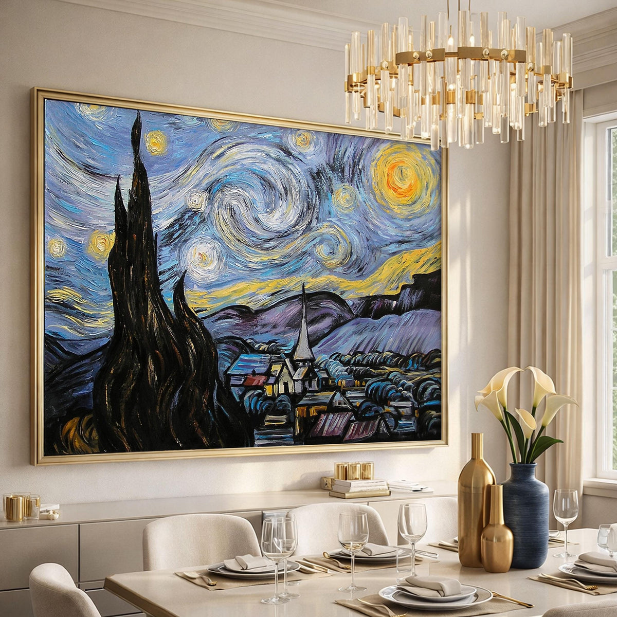 Van Gogh Starry Night Oil Painting, Impasto Hand Painted Reproduction on Canvas, Original Night Sky Wall Art