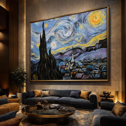 Van Gogh Starry Night Oil Painting, Impasto Hand Painted Reproduction on Canvas, Original Night Sky Wall Art