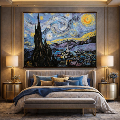 Van Gogh Starry Night Oil Painting, Impasto Hand Painted Reproduction on Canvas, Original Night Sky Wall Art