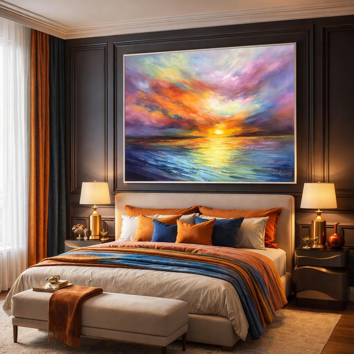 Colorful Seascape Oil Paintings on Canvas Extra Large California Orange Abstract Sunset Canvas Wall Art for Sale
