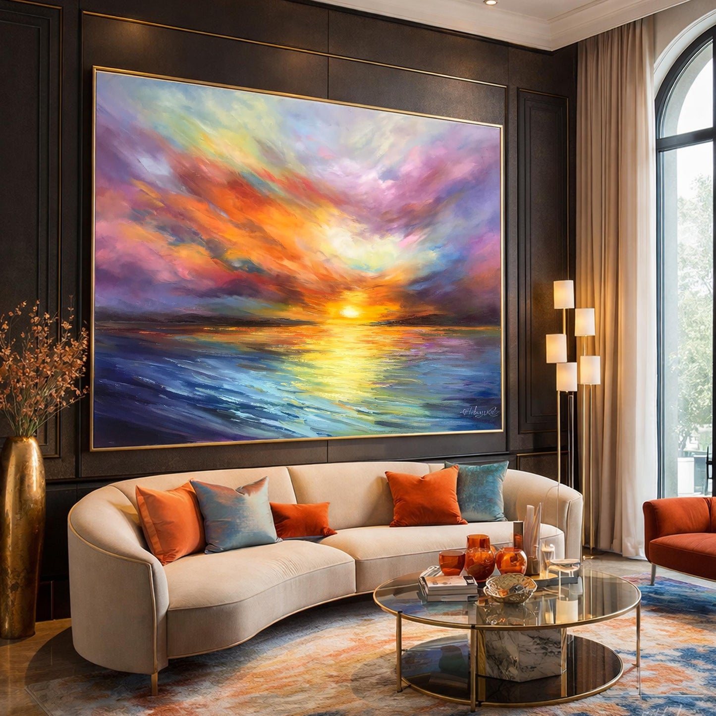 Colorful Seascape Oil Paintings on Canvas Extra Large California Orange Abstract Sunset Canvas Wall Art for Sale