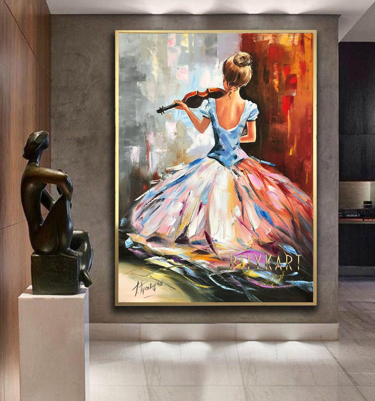 May include: A painting of a woman in a colorful dress playing a violin. The background is a mix of abstract shapes and colors.