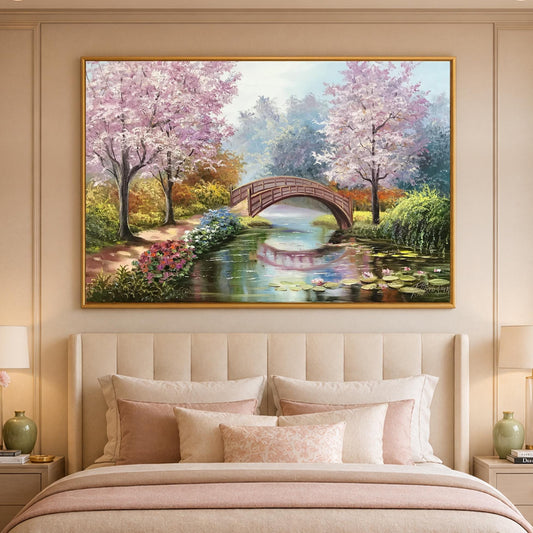 Claude Monet Bridge Over a Pond of Water Lilies Painting on Canvas, Japanese Water Lily Oil Painting Original Cherry Blossom Art