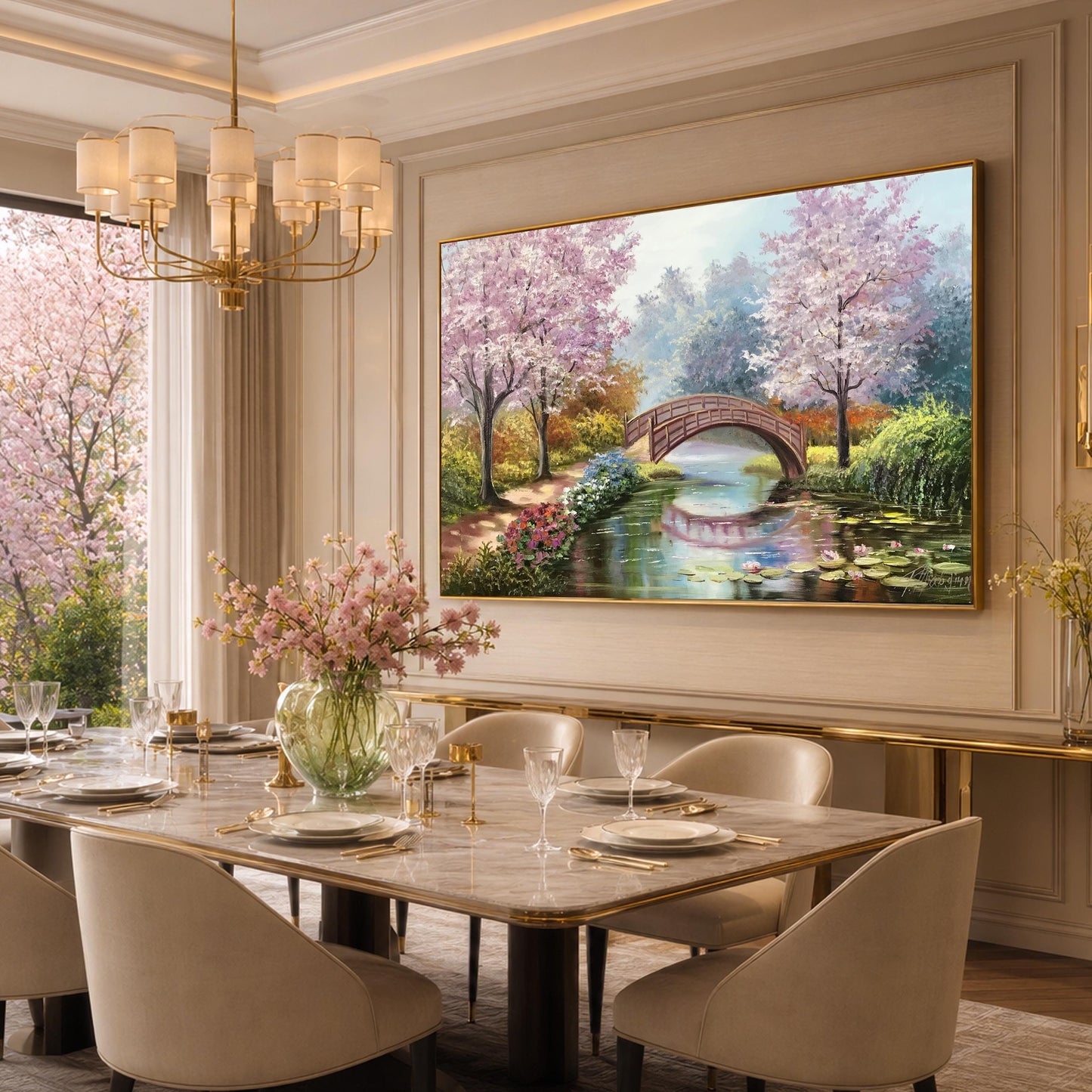 Claude Monet Bridge Over a Pond of Water Lilies Painting on Canvas, Japanese Water Lily Oil Painting Original Cherry Blossom Art