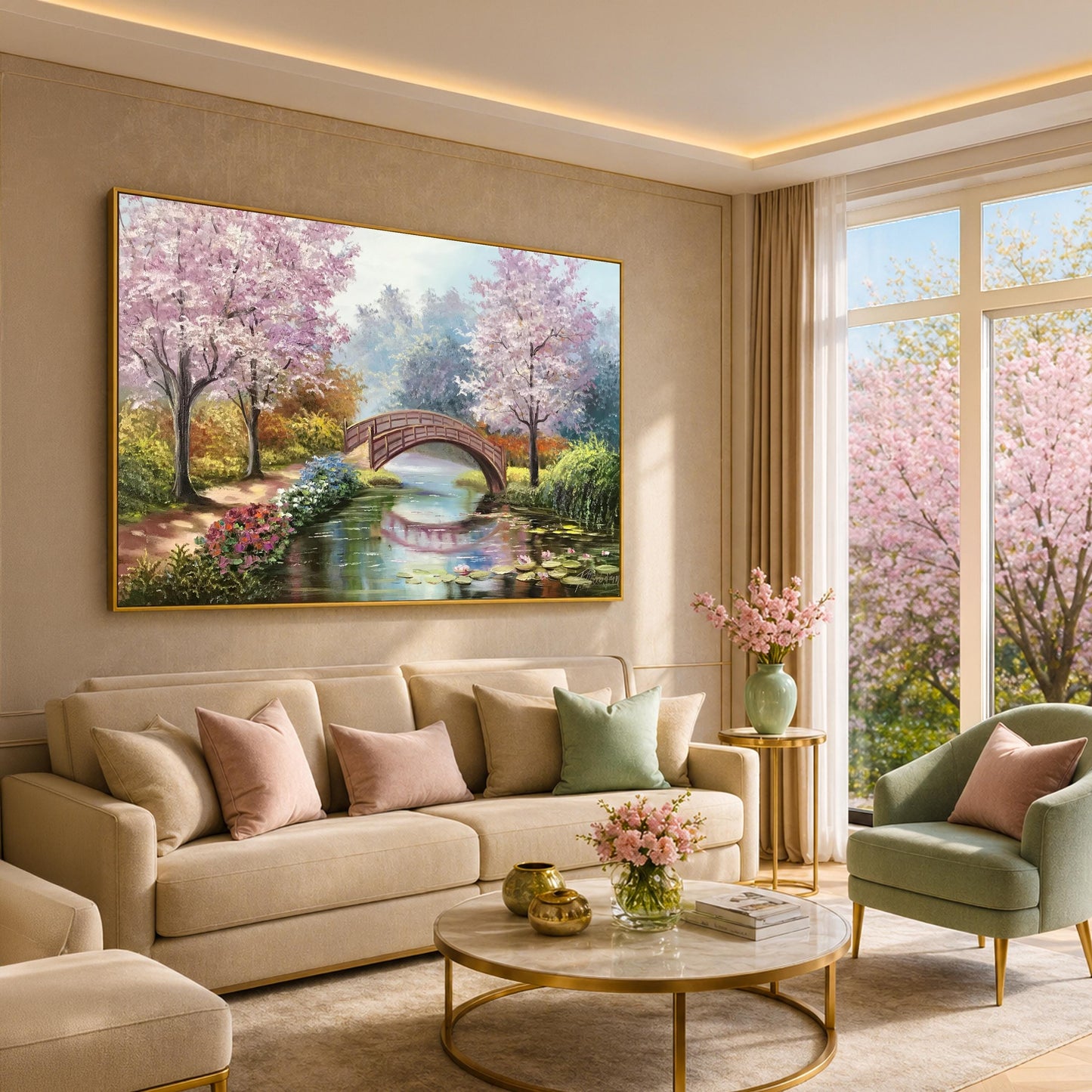 Claude Monet Bridge Over a Pond of Water Lilies Painting on Canvas, Japanese Water Lily Oil Painting Original Cherry Blossom Art