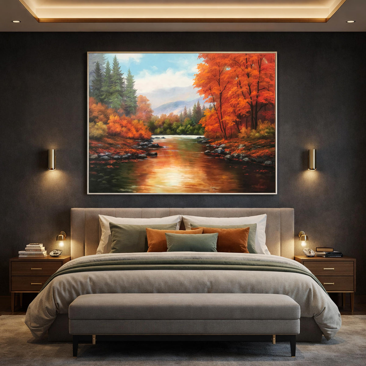 Autumnal Landscape Oil Painting, Original Fall River Scenery Wall Art, Hand Painted on Canvas