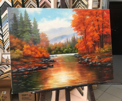 Autumnal Landscape Oil Painting, Original Fall River Scenery Wall Art, Hand Painted on Canvas
