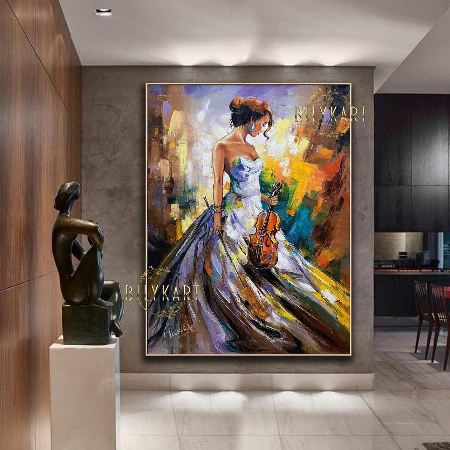 May include: Abstract painting of a woman in a white dress holding a violin. The background is a colorful abstract design with splashes of yellow, orange, blue, and purple.