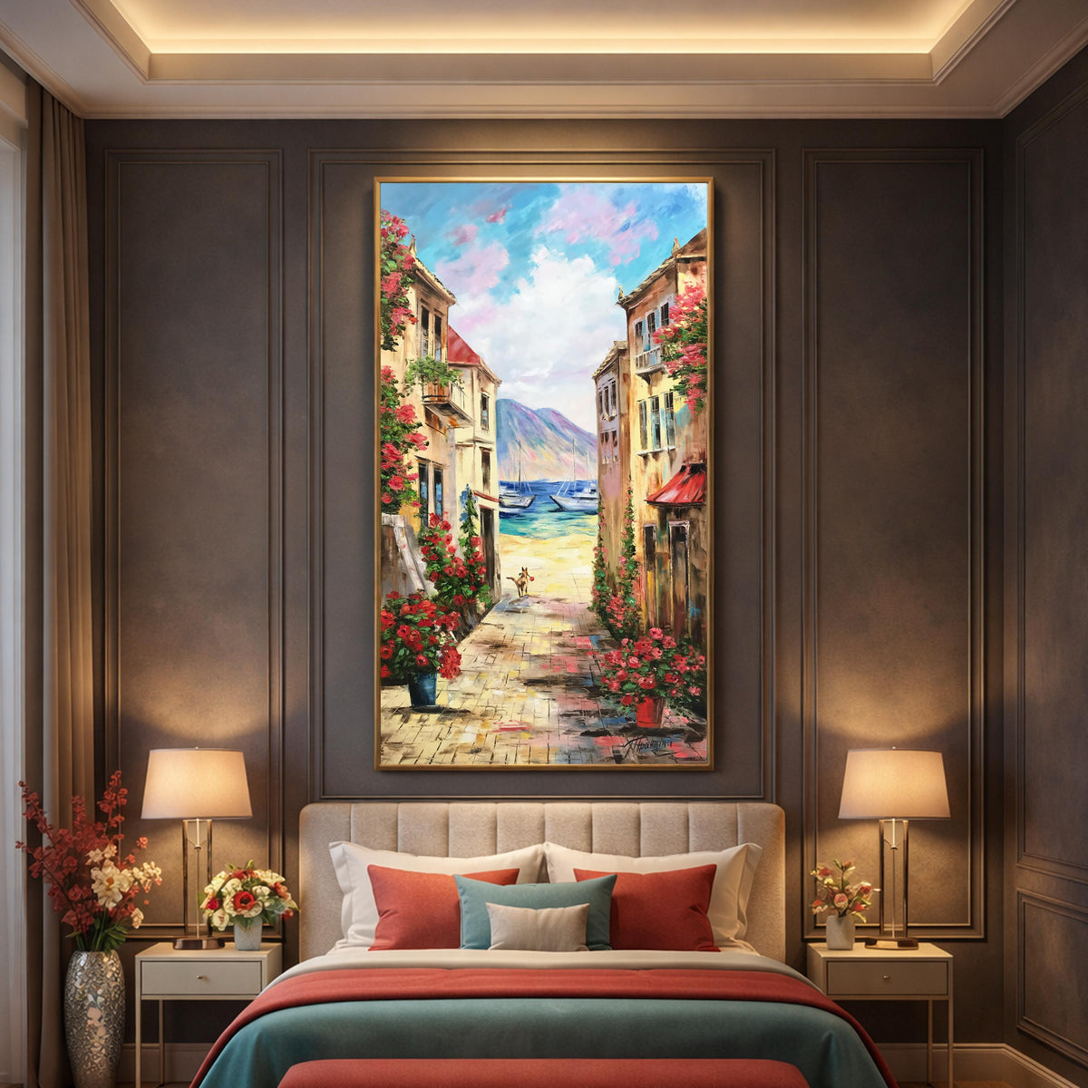 Italian Street Scene Oil Painting Original | Large Portofino Italy Coast Artwork | Hand Painted Mediterranean Coastal Village Wall Art