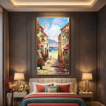 Italian Street Scene Oil Painting Original | Large Portofino Italy Coast Artwork | Hand Painted Mediterranean Coastal Village Wall Art