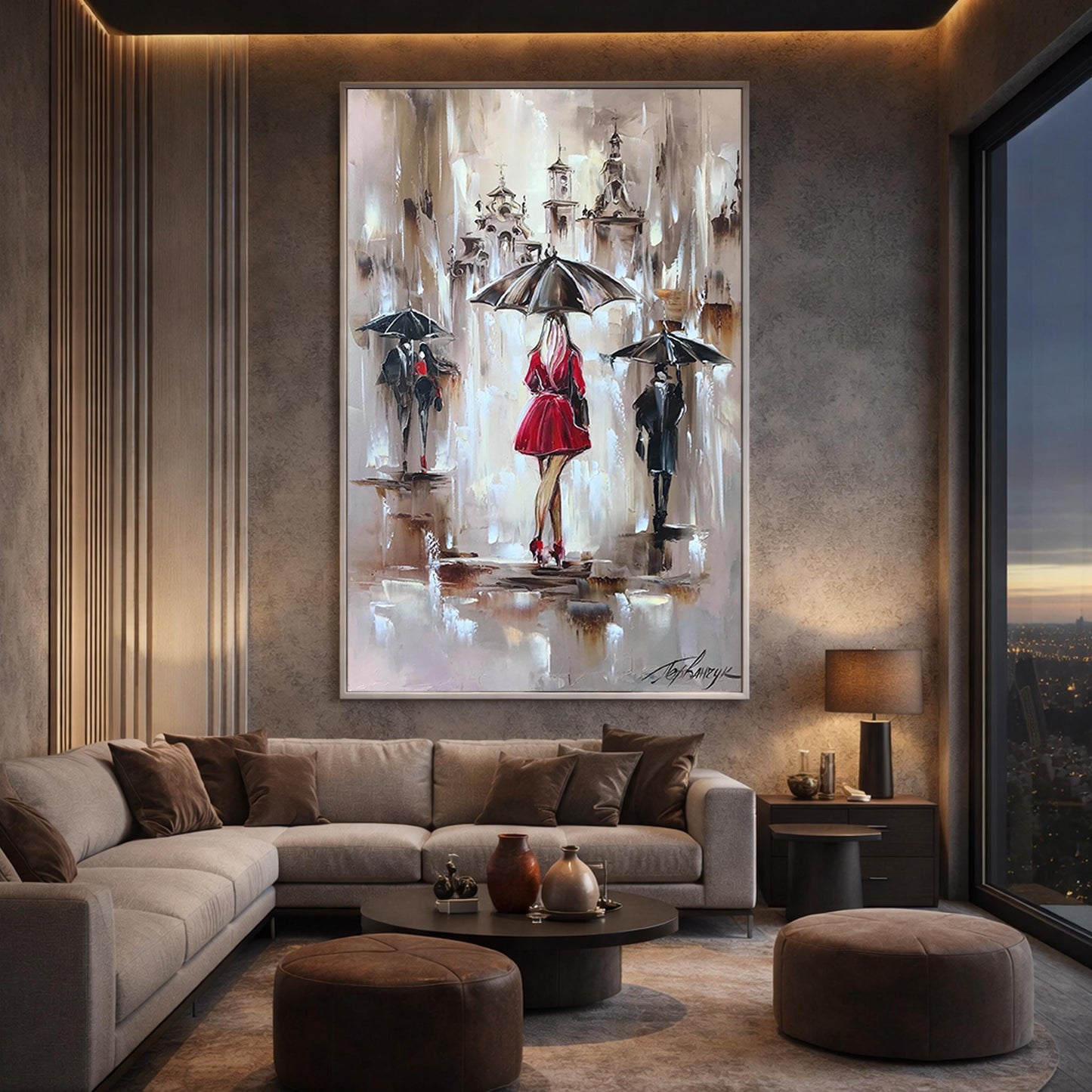 Rainy Street Scene Oil Painting Original, Elegant Lady in Red with Umbrella Artwork, Figures in the Rain Wall Art