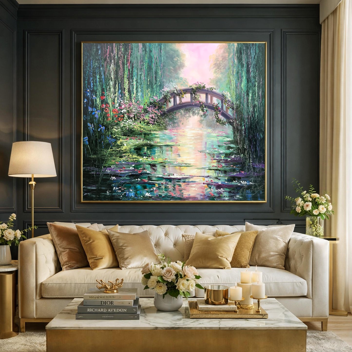 Claude Monet Painting Bridge Over a Pond of Water Lilies Artist Impressionism Art Green Water Lily Pond Oil Painting on Canvas