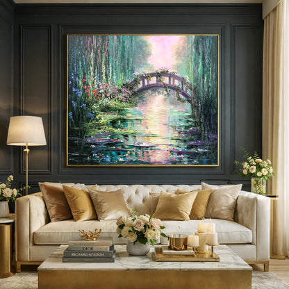 Claude Monet Painting Bridge Over a Pond of Water Lilies Artist Impressionism Art Green Water Lily Pond Oil Painting on Canvas