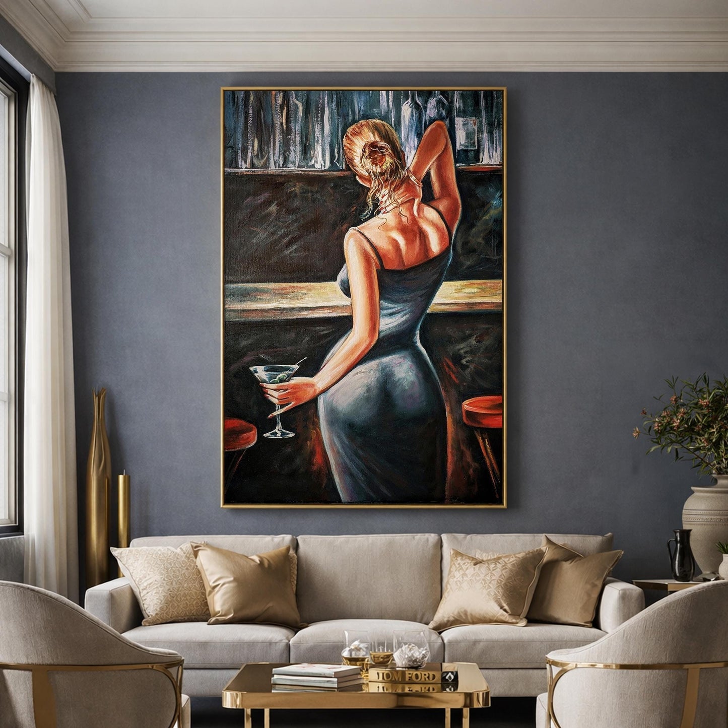 Sexy Woman at the Bar Original Oil Painting | Lady in Blue Dress Canvas Art | Bar and Cocktail Wall Art | Sensual Woman Painting