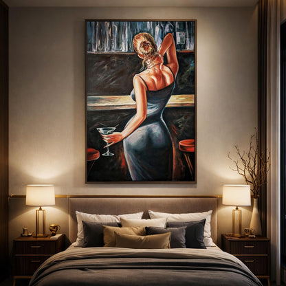 Sexy Woman at the Bar Original Oil Painting | Lady in Blue Dress Canvas Art | Bar and Cocktail Wall Art | Sensual Woman Painting