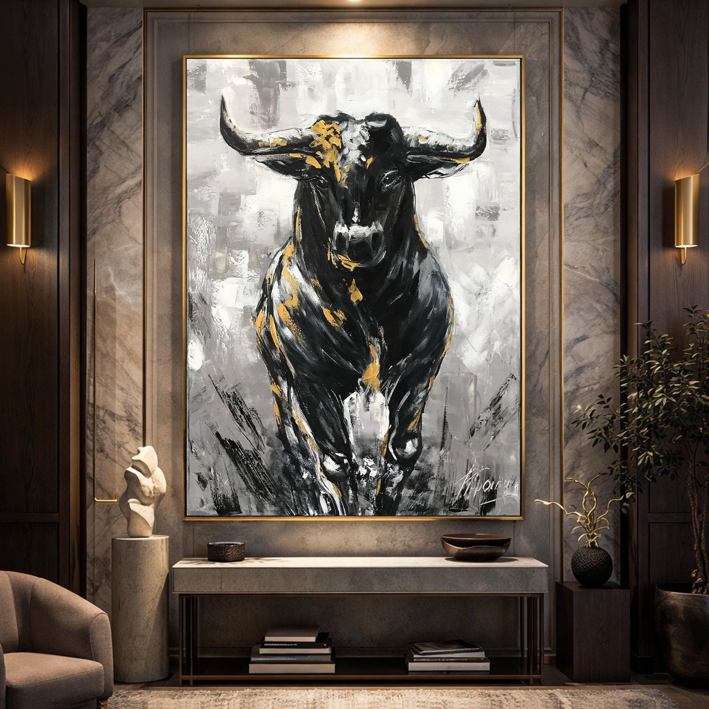 Charging Bull Painting Art Stock Exchange Black and White Oversized Black Wallstreet Bull Artwork