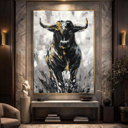 Charging Bull Painting Art Stock Exchange Black and White Oversized Black Wallstreet Bull Artwork