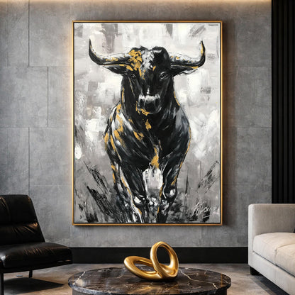 Charging Bull Painting Art Stock Exchange Black and White Oversized Black Wallstreet Bull Artwork