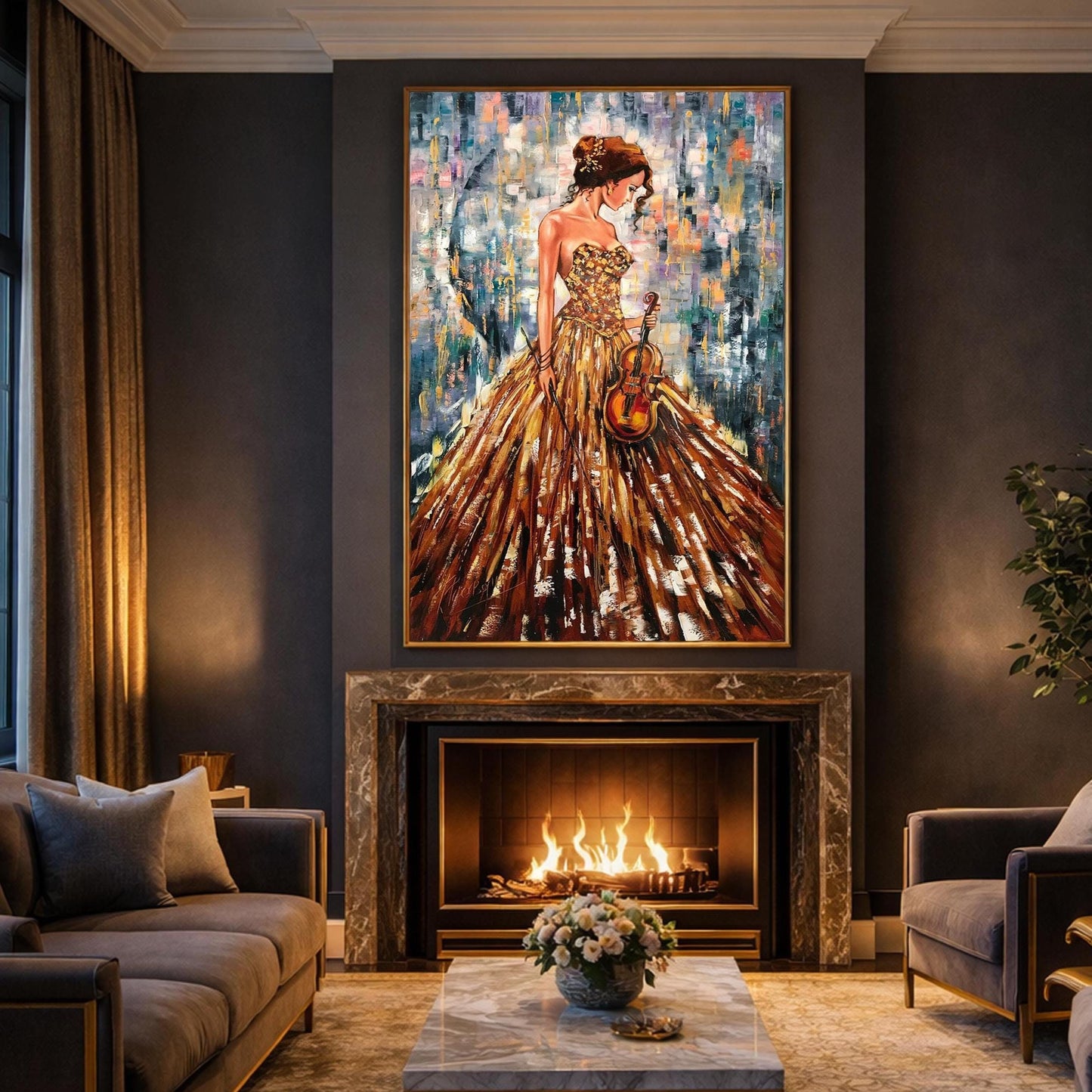 May include: An oil painting of a woman in a gold gown holding a violin. The artwork is displayed above a fireplace with a marble mantel. The woman's dress is detailed with brushstrokes, and the background has a colorful, abstract design.