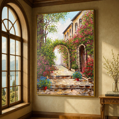 Italian Street Oil Painting | Original Mediterranean Villa Wall Art | Tuscany Italy Painting on Canvas | Large Italian Garden Artwork